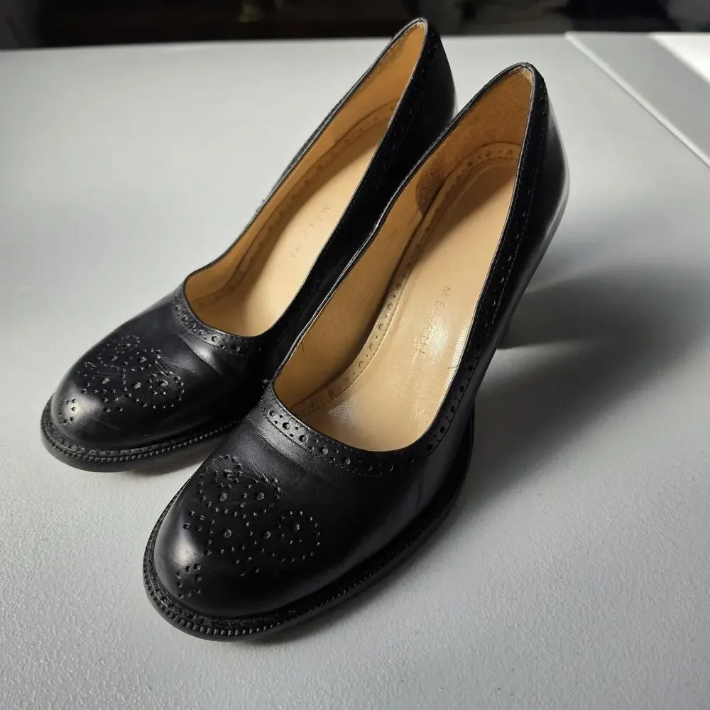 Y2K Antonio Melani Shoes Womens 7.5M Black Leather Block Heel Round Toe Pumps